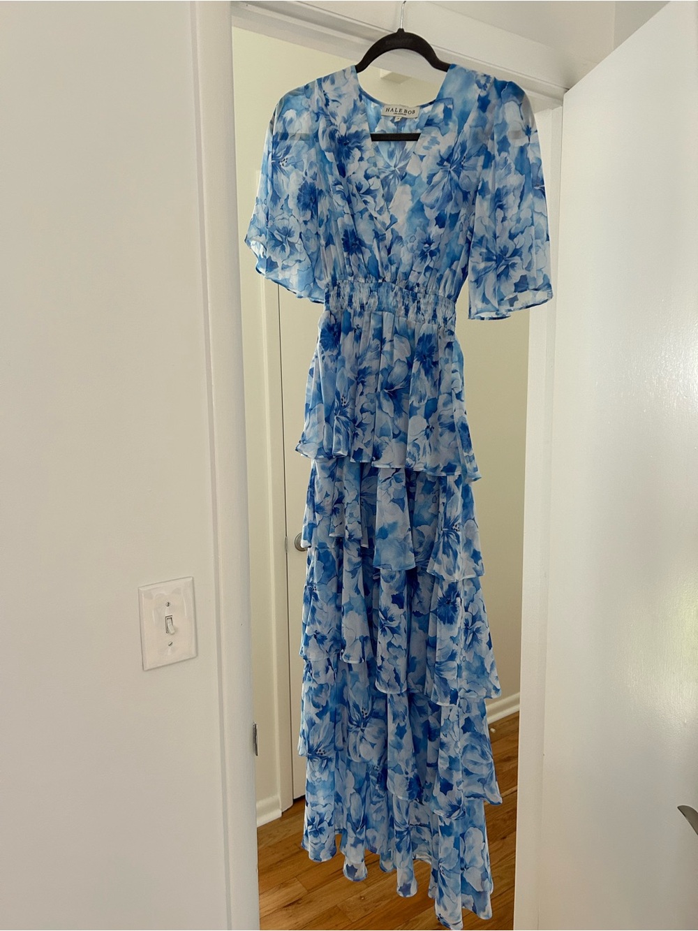 Hale Bob Sky Blue Floral Ruffled Tier Maxi Dress